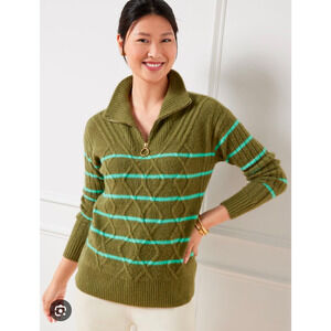 Talbots Cable Knit Half-Zip Sweater L Green Olive Stripe Soft Mature Preppy